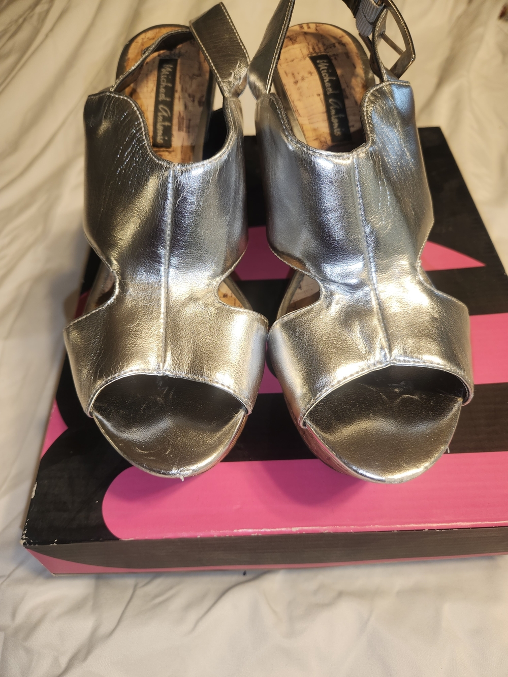 Michael Antonio Silver Peep-Toe Metallic Heels